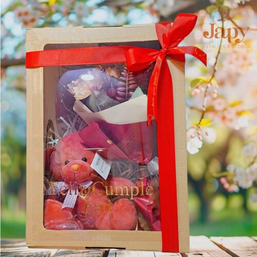 Caja,peluche y flores
