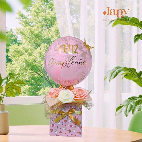 Arreglo de globo de mesa con caja + flores artificiales